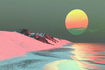 Aufkleber - Vibrant sunset over tranquil beach with colorful waves and rocky shoreline