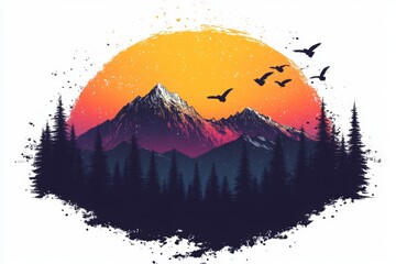 Poster - Mountains stand tall against a vibrant sunset with birds flying overhead near a forest