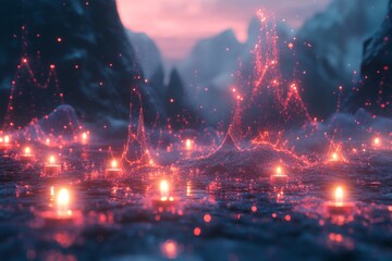 Aufkleber - Enchanted landscape with glowing candles and shimmering water at twilight near mystical mountains