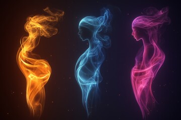 Poster - Colorful wisps of smoke form ethereal female figures in vibrant hues against a dark background
