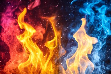 Poster - Colorful flames in dynamic motion with vibrant blue and orange hues illuminating the dark background