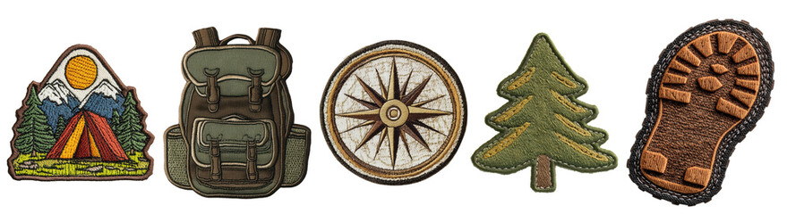 Set of outdoor camping and hiking adventure patches and badges