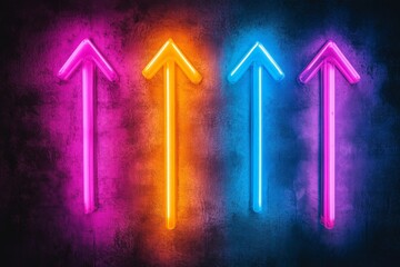 Fototapete - Bright neon arrows point upward against a textured wall in vibrant colors during nighttime