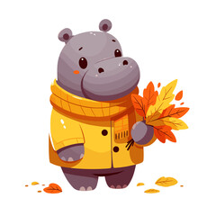 Wall Mural - Autumn hippo in yellow jacket collecting colorful leaves. Vector illustration for fall season activities, nature crafts and seasonal decoration concepts.