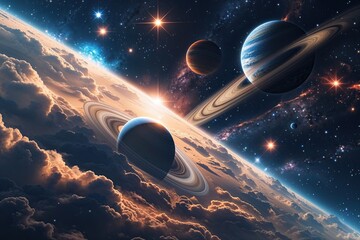 Wall Mural - enigmatic exoplanet and bright stars in an astronomical universe