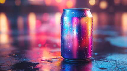 Poster - A colorful can sits on a reflective wet surface, adorned with raindrops. Bright city lights create a vibrant atmosphere during the evening after rain.