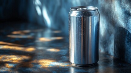 Poster - A stainless steel can covered in condensation sits on a textured surface illuminated by soft sunlight. Light creates a warm ambiance with gentle highlights and shadows.