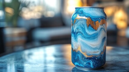 Aufkleber - A vibrant blue marbled can stands prominently on a glossy table. The cozy living room setting features soft lighting, suggesting a relaxed afternoon atmosphere.