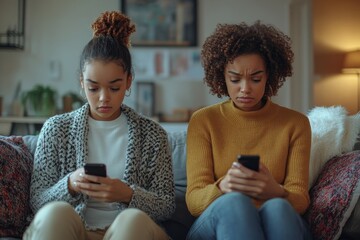 two young women are looking at their phones, sitting on the sofa.