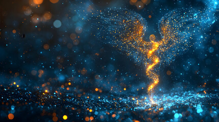 Wall Mural - abstract angel wings composed of glowing particles on a dark blue background
