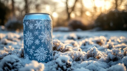 Poster - A blue can adorned with snowflake designs sits on a blanket of fresh snow, glistening under the soft light of a winter evening. The surrounding landscape features blurred trees.