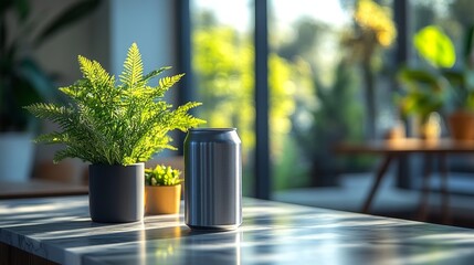 Poster - A silver can sits on a marble table beside vibrant potted plants in a bright room. Sunlight streams through large windows, enhancing the calming atmosphere.