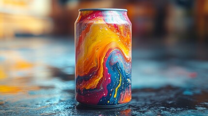 Poster - A vibrant can featuring an abstract galaxy design stands upright on a shiny surface, illuminated by artistic lighting in a creative space, evoking a sense of whimsy.
