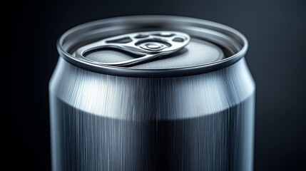Poster - A shiny metallic beverage can is shown closely, highlighting the pop top and smooth surface under soft lighting, creating a sleek appearance.