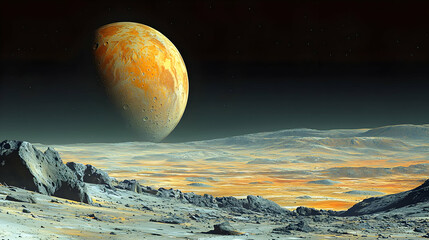 Wall Mural - alien planet surface at night: golden orange landscape with rocky terrain and large moon