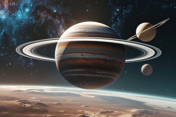Wall Mural - futuristic cosmic background featuring realistic planet with rings and moons illustration