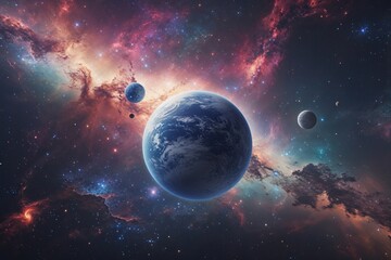 Wall Mural - mystical planet in vibrant cosmic nebula surrounded by colorful stardust and galaxy backdrop
