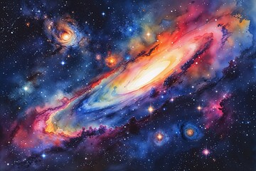 Wall Mural - colorful cosmic watercolor illustration of a starry galaxy with nebula and space background