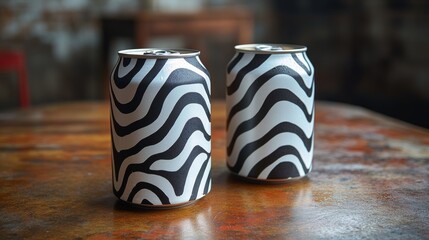 Leinwandbilder - Two cans with bold black and white stripes sit on a rustic wooden table. The artistic design stands out against the warm tones of the surface, evoking a creative atmosphere.