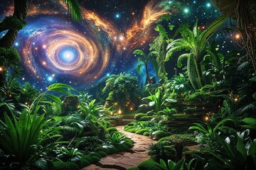 Wall Mural - luminous celestial forest with glimmering green oasis and starry galaxy swirls