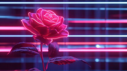 Wall Mural - neon rose: a captivating neon-illuminated rose, its petals aglow with vibrant pink hues, set against
