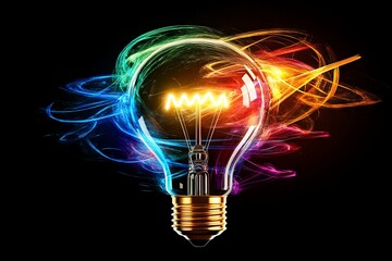 Fototapete - Bright bulb radiating colorful energy against a black background showcasing creativity and innovation