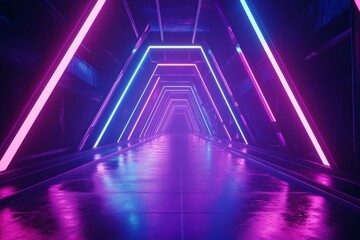 Poster - Vibrant neon hallway illuminated by blue and pink lights in a futuristic setting at night