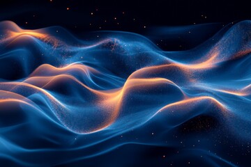 Fototapete - Gentle waves of light and color dance in a digital abstraction with blue and orange tones at night