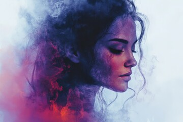 Aufkleber - Portrait of a woman with colorful smoke, representing inner emotions and creativity at dusk