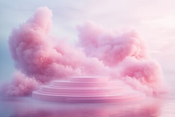Leinwandbilder - Ethereal pink clouds rise from a circular platform above calm water at sunset