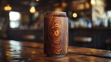 Aufkleber - A distinctively designed can made to resemble wood stands prominently on a weathered bar table, surrounded by a warm and inviting tavern atmosphere in the afternoon.