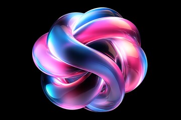Aufkleber - Colorful abstract twisted shape with glossy surfaces illuminated in pink and blue against a black background