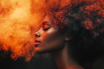 Aufkleber - Woman with majestic afro hairstyle surrounded by vivid orange smoke in a dramatic artistic portrait