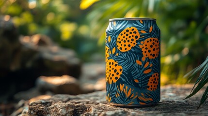 Aufkleber - A decorated soda can sits on a natural stone amidst greenery. The can features bright colors and floral designs, surrounded by lush tropical plants in sunlight.