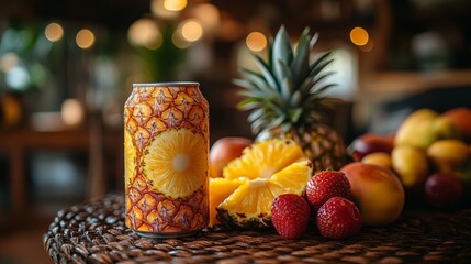 Aufkleber - A vibrant can design featuring pineapple is placed next to freshly cut pineapple slices, strawberries, and peaches in a warm and inviting environment filled with soft lighting.