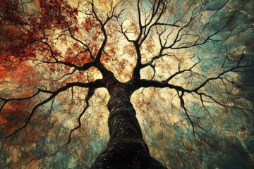 Fototapete - Majestic tree with vibrant foliage showcasing seasonal change against a colorful sky backdrop in an autumn landscape