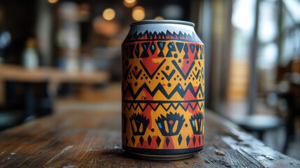 Aufkleber - A colorful beverage can adorned with intricate tribal designs is placed on a rustic wooden table. The indoor setting features a cozy atmosphere with soft lighting.