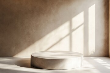 Leinwandbilder - Minimalist interior with round platform illuminated by soft sunlight in a neutral-toned room