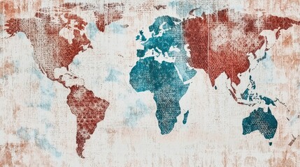  Distressed map illustration showing continents in red and blue, for travel, geography, design