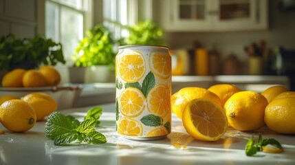 Aufkleber - A vibrant can decorated with lemon graphics sits on a sunny kitchen counter, surrounded by fresh lemons and mint leaves, creating a refreshing atmosphere.