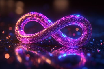 Poster - Colorful sparkling infinity symbol resting on a reflective surface with a vibrant light backdrop