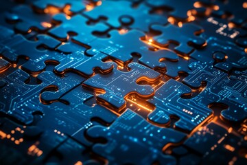 Fototapete - Intricate puzzle pieces illuminated with glowing circuitry create a captivating digital display