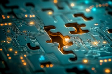 Fototapete - Intricate electronic puzzle piece with glowing circuits and connections on a dark background