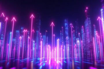 Aufkleber - Futuristic urban skyline with luminous upward arrows illuminating the night
