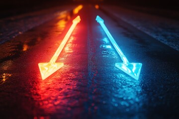 Poster - Neon arrows glowing on wet pavement at night in an urban area