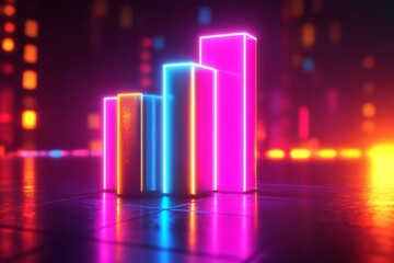 Poster - Vibrant neon bars showcasing growth trends in a futuristic cityscape at night