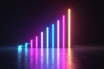 Aufkleber - Vibrant neon bar graph illustrating growth in a dark atmospheric environment with colorful light reflections