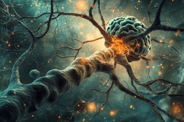 Fototapete - Neural connections and synapses illuminate cognitive processes in vibrant biological landscape