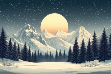 Aufkleber - Majestic winter landscape with snow-covered mountains and a glowing full moon at dusk