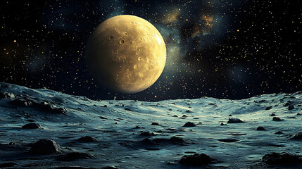 Wall Mural - otherworldly planet surface at night under a giant moon